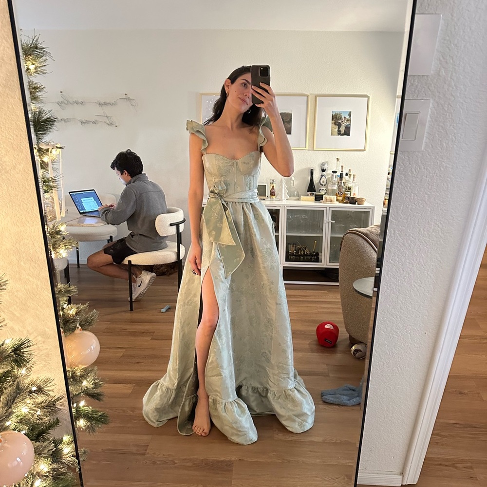 Elegant Green Gown / V. Chapman - The Veronica Dress in Sage Windsor Brocade